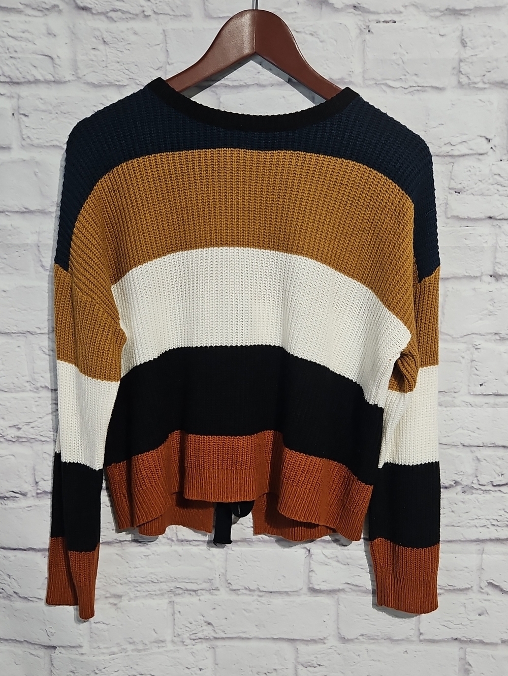 SHEIN Striped Crewneck Sweater in Mustard, Black & Cream Bow Back
